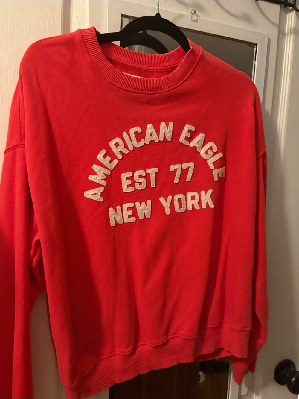 American Eagle Outfitters Red Crewneck Sweatshirt with White Appliqué